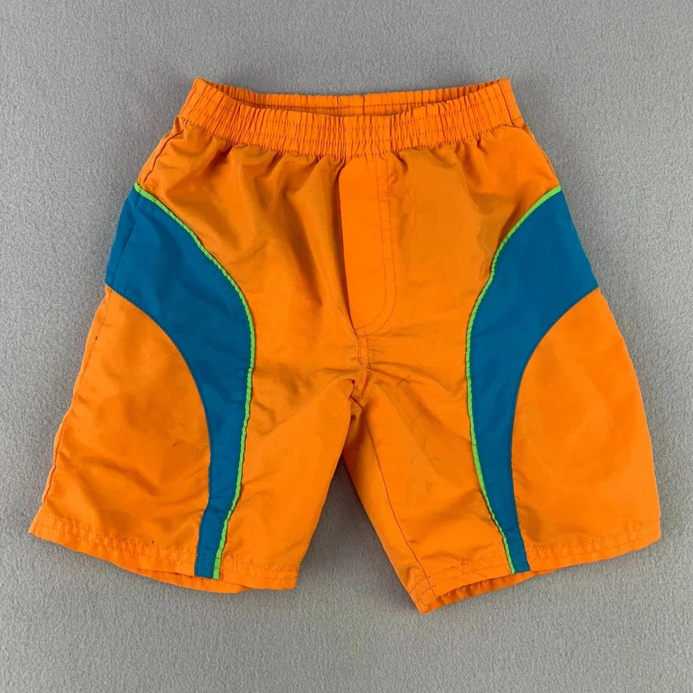 Vintage 90s Buster Brown Board Shorts Boys 4 Orange Blue Surf Swim Trunks Beach
